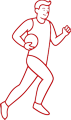 Sylwetka sportowca biegnącego z piłką narysowana czerwoną kreską