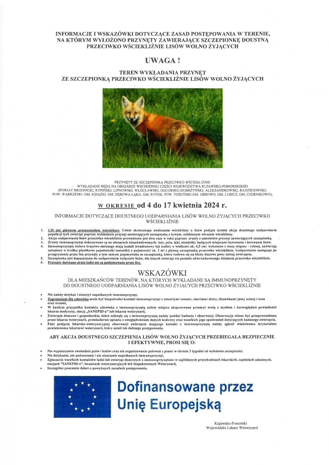 Plakat z informacjami o planowanym zabiegu szczepienia lisów.
