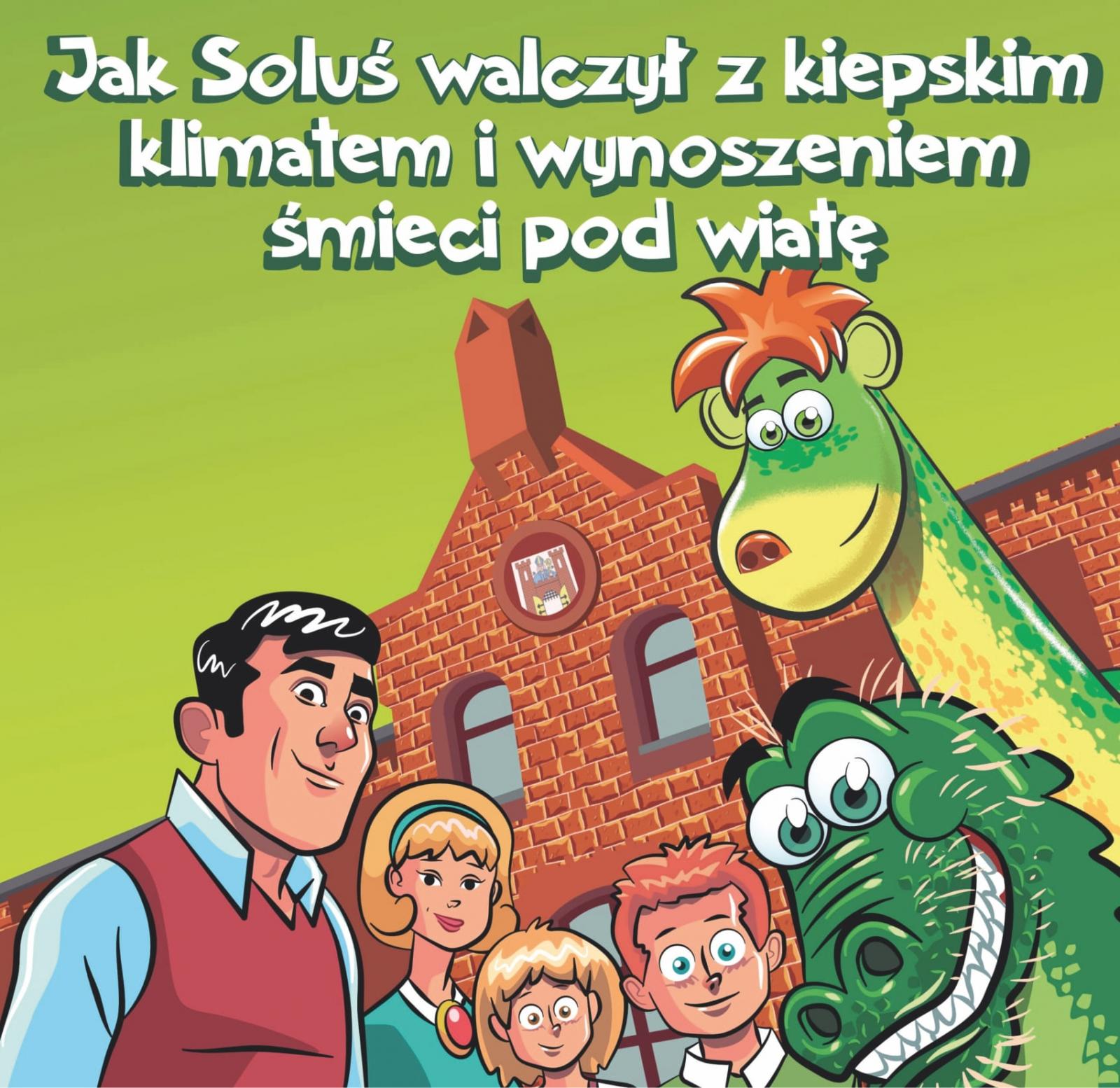 Pierwsza strona okładki komiksu - rodzina z dziećmi, dinozaur i krokodyl na tle budynku urzędu