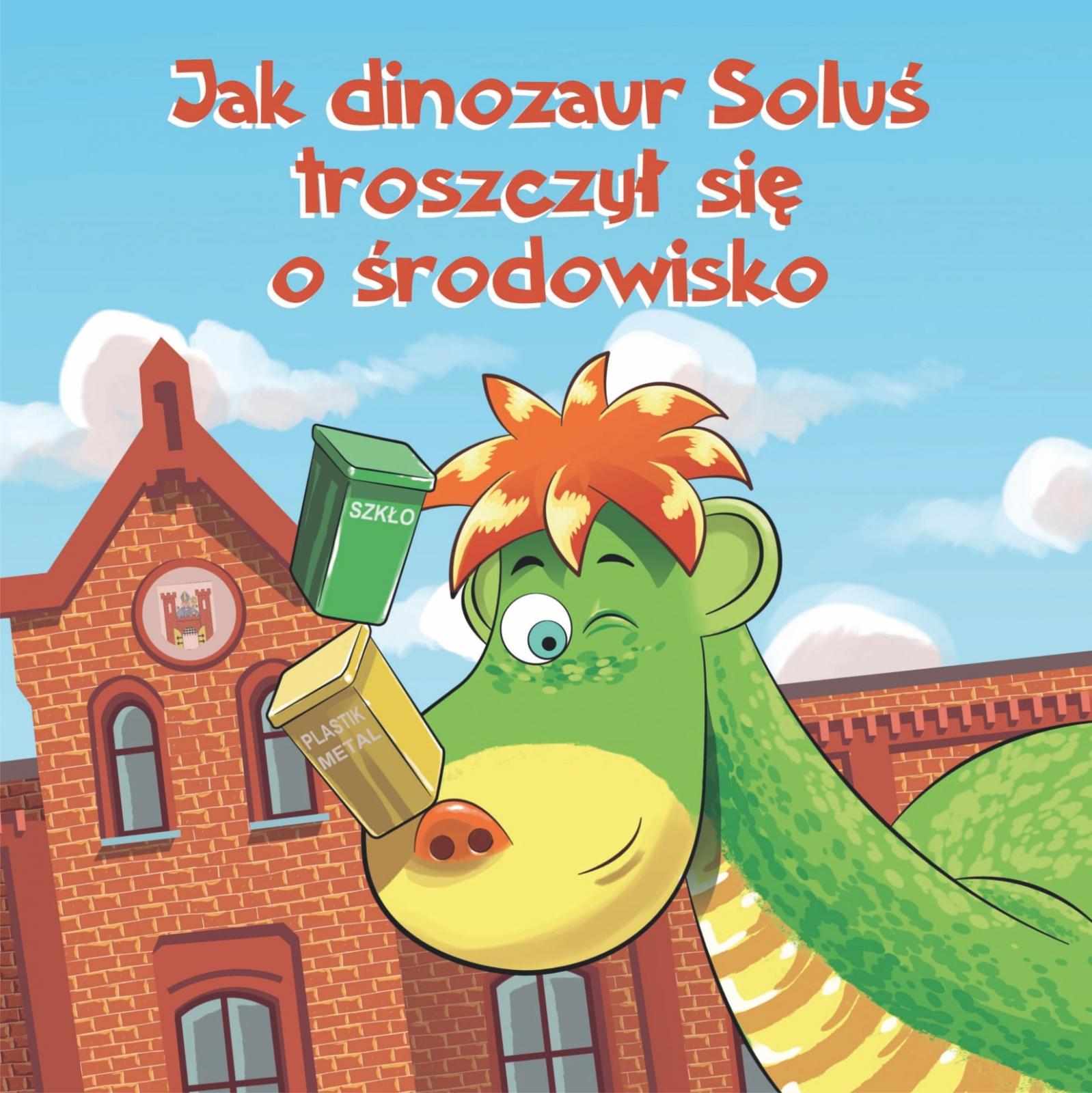 Dinozaur, za nim błekitne niebo i fragment budynku urzędu.