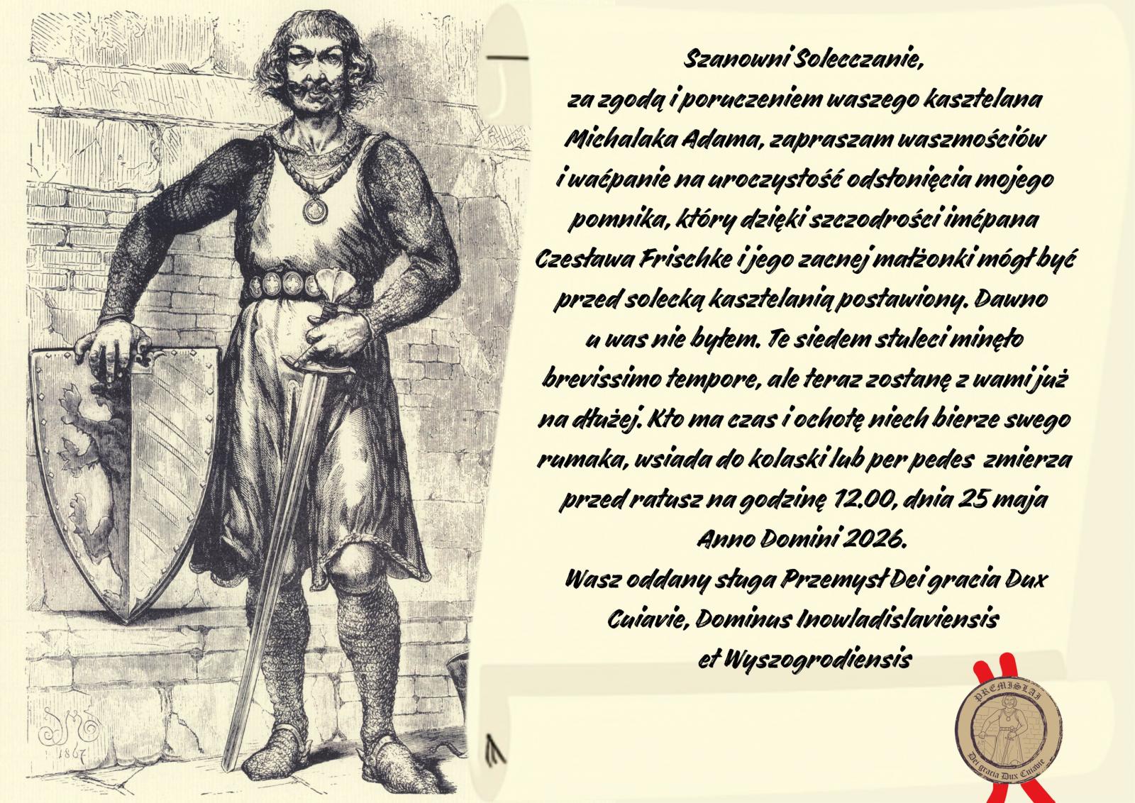 Rycina przedstawiająca stojącego rycerza z mieczem i tarczą. Obok na zwoju z pieczęcią treść zaproszenia.