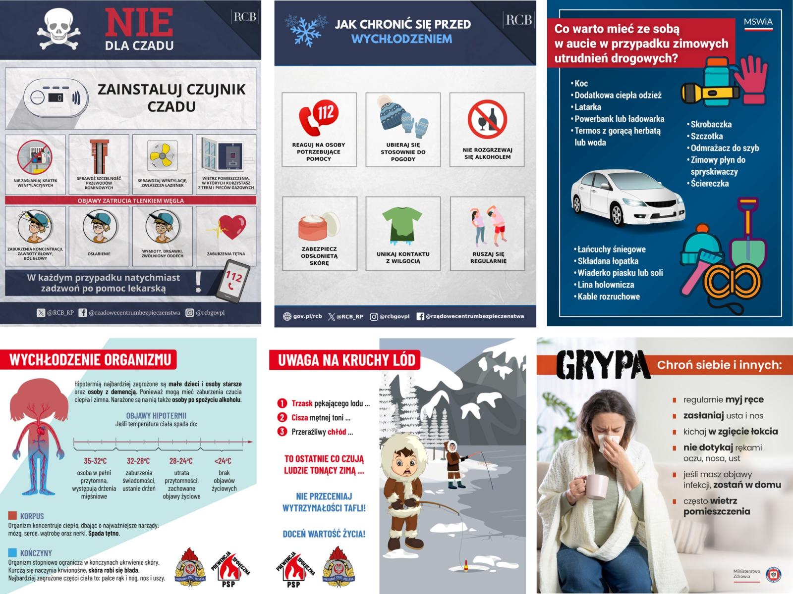 Plakaty dotyczące bezpieczęństwa zimą - jak chronić się przed czadem i mrozem