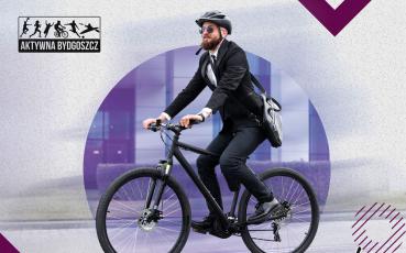 Mężczyzna w garniturze jedzie na rowerze. Fragment plakatu.