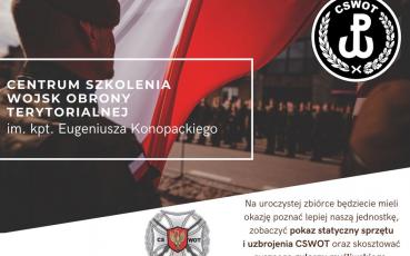 Fragment plakatu - żołnierz na tle biało-czerwonej flagi i  symbole WOT.