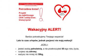 Fragment plakatu zachęcającego do oddawania krwi w wakacje