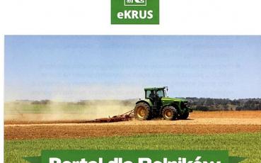 Logo KRUS. Pod nim traktor podczas prac polowych i napis "Portal dla rolników"