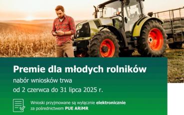 Plakat z informacjami. Na obrazku również ciągnik na polu zboża, przed którym idzie rolnik.