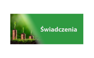 Grafika - na zielonym tle trzy słupki z monet, z których wyrastają zielone gałązki oraz napis świadczenia
