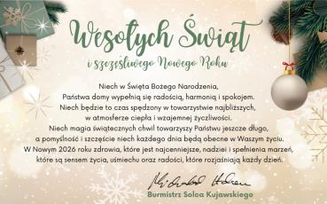 Kartka z życzeniami świąteczno-noworocznymi. Ozdobiona gałązką choinki, bombką i pudełkami z prezentami.