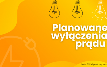 Baner "Planowane wyłączenia prądu". Na zółtym tle tekst i rysunki kreskowe trzech zarówek.