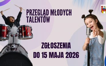 Baner informacyjny przedstawia młodego chłopaka grającego na perkusji i dziewczynkę śpiewającą do mikrofonu