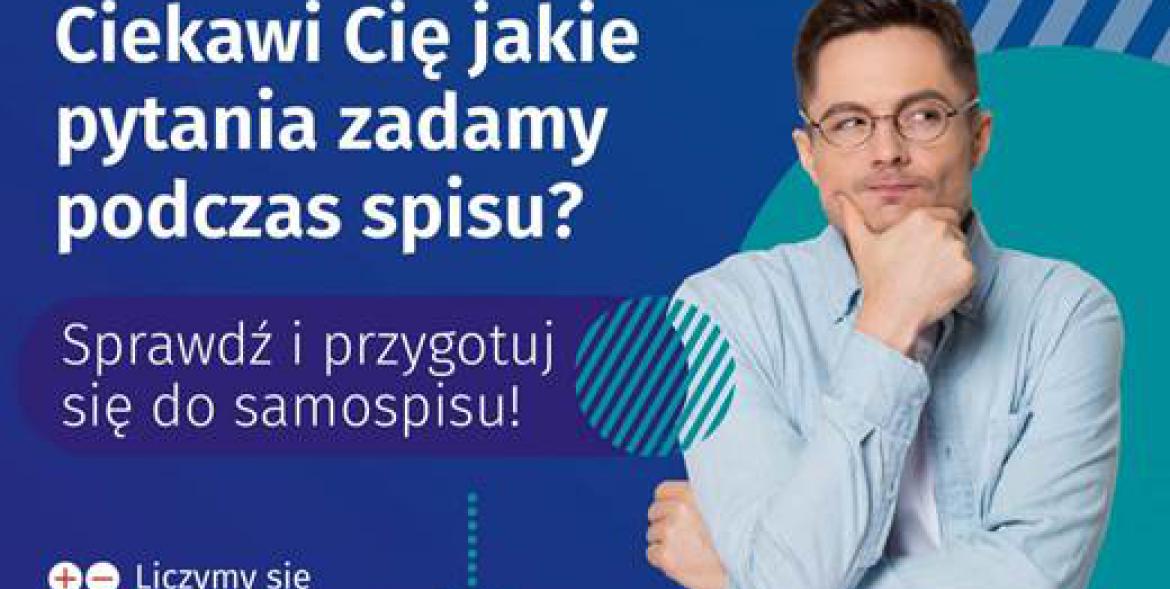 Plakat Głównego Urzędu Statystycznego zachęca do samospisu internetowego od 1 kwietnia. Widoczne hasło i cztery osoby.