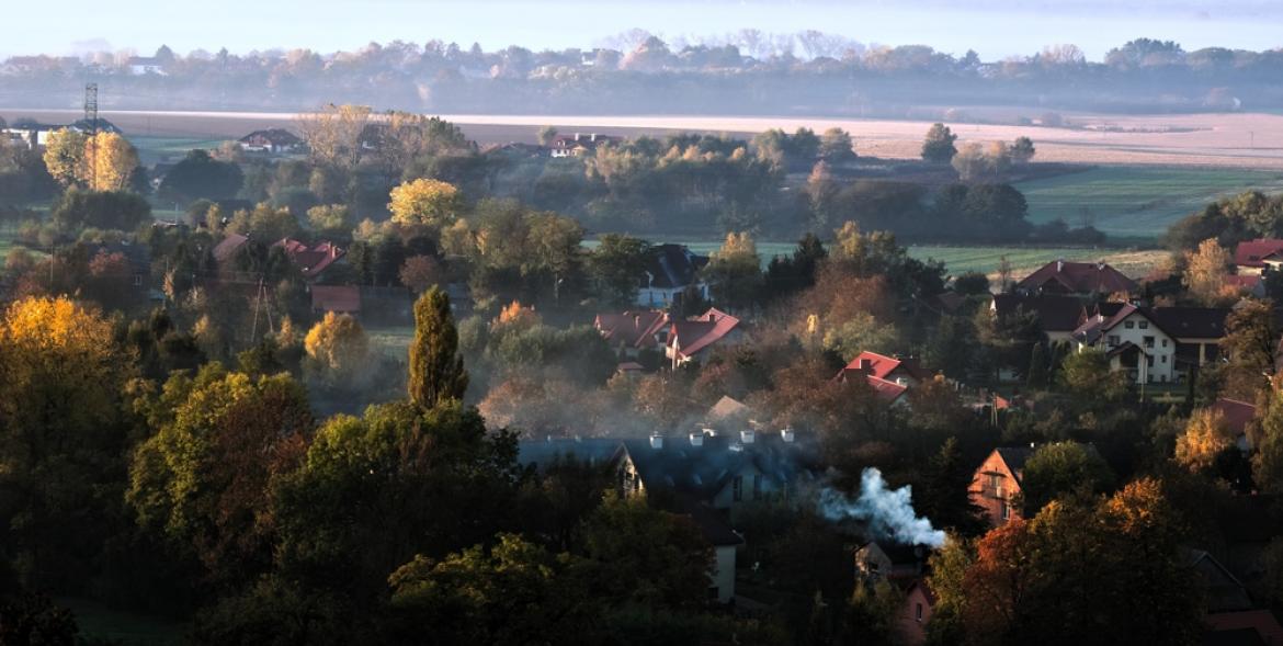 Domy pośród drzew. Widoczny dym z kominów