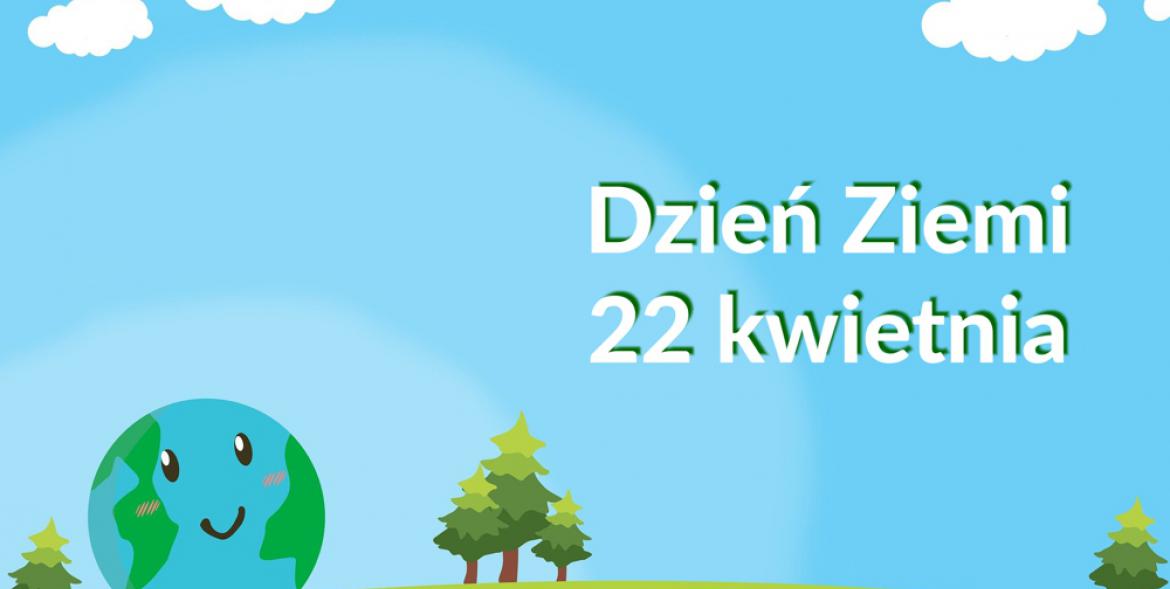 Rysunek przedstawia kulę ziemską między drzewami, tło niebieskie z chmurami.