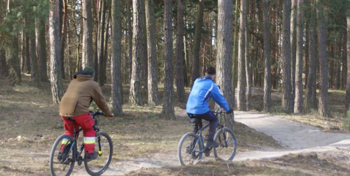 Dwaj rowerzyści na leśnej ścieżce.