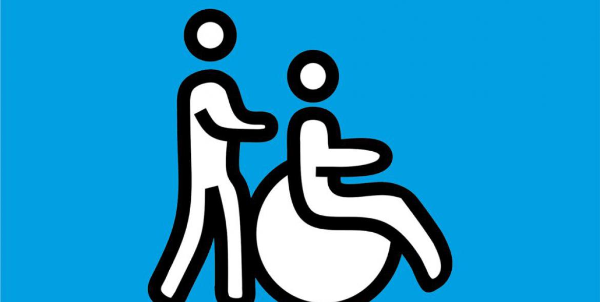 Grafika - dwie postacie na niebieskim tle, jedna na wózku inwalidzkim.