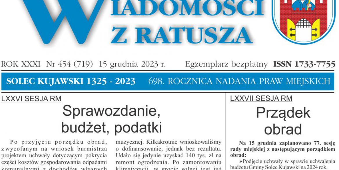 Fragment pierwszej strony z winietą Soleckich Wiadomości z Ratusza.