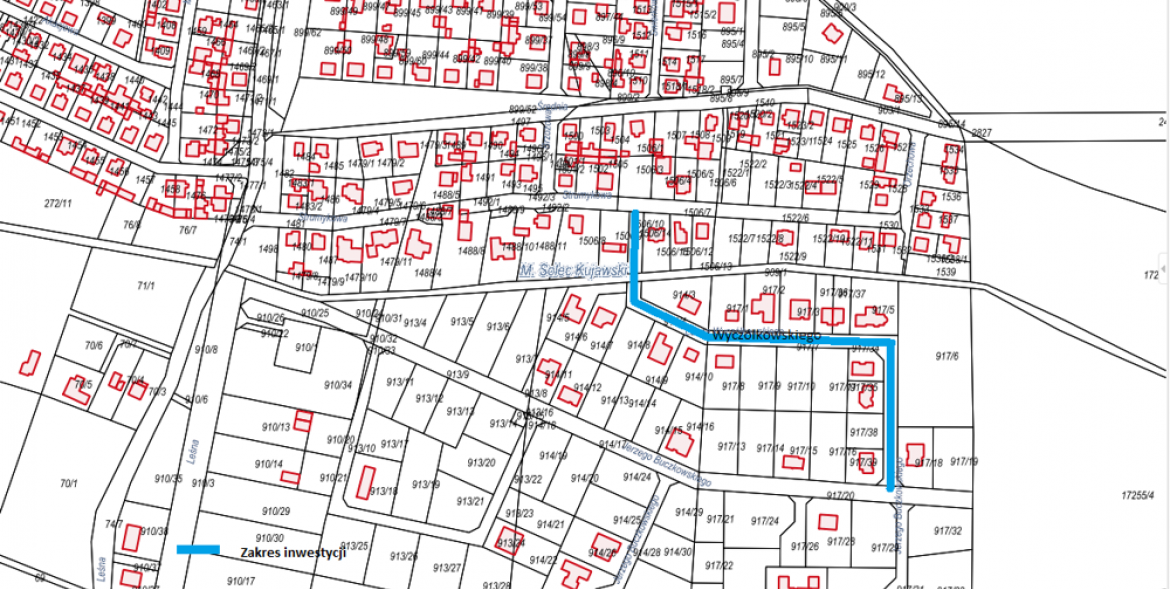 Fragment planu ulic z zaznaczonym miejscem inwestycji