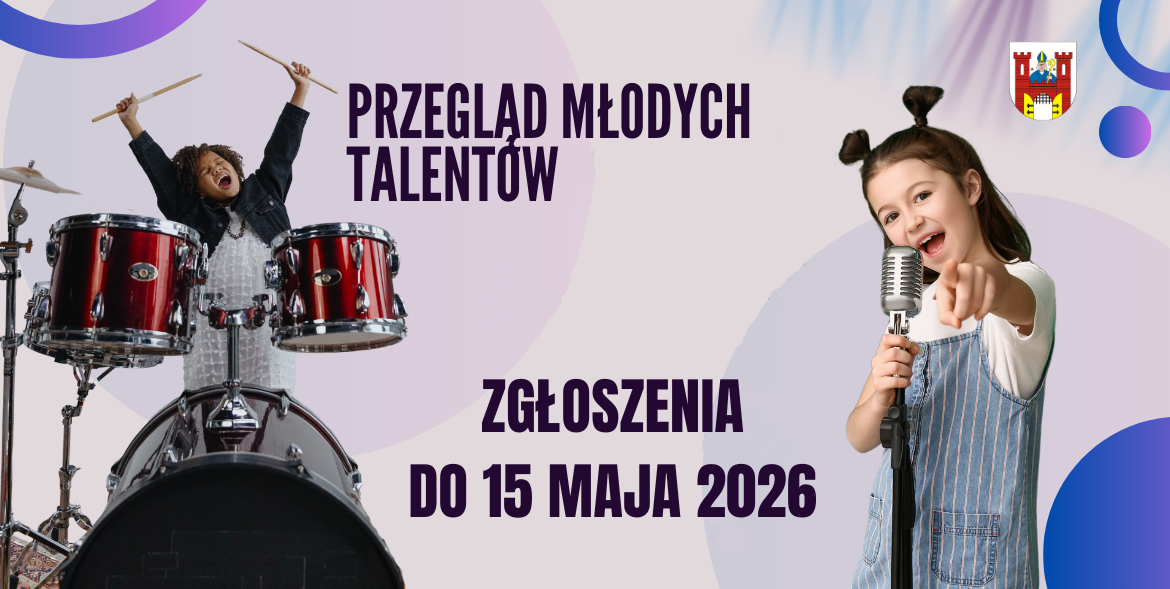 Baner informacyjny przedstawia młodego chłopaka grającego na perkusji i dziewczynkę śpiewającą do mikrofonu