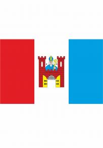 Flaga Solca Kujawskiego - trzy płaty czerwony, biały i niebieski. Na środkowym bialym płacie herb Solca Kujawskiego.