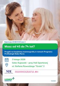 Plakat: dwie usmiechnięte kobiety - starsza i młodsza oraz informacja o terminie badań mammograficznych